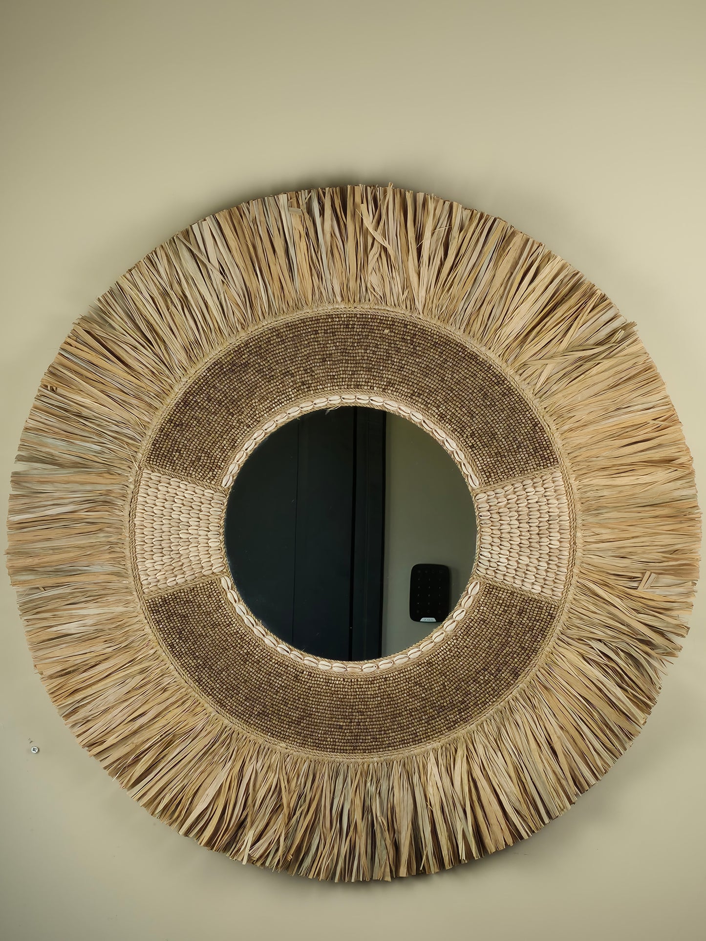Raffia- en Kralen Wandspiegel - Bora